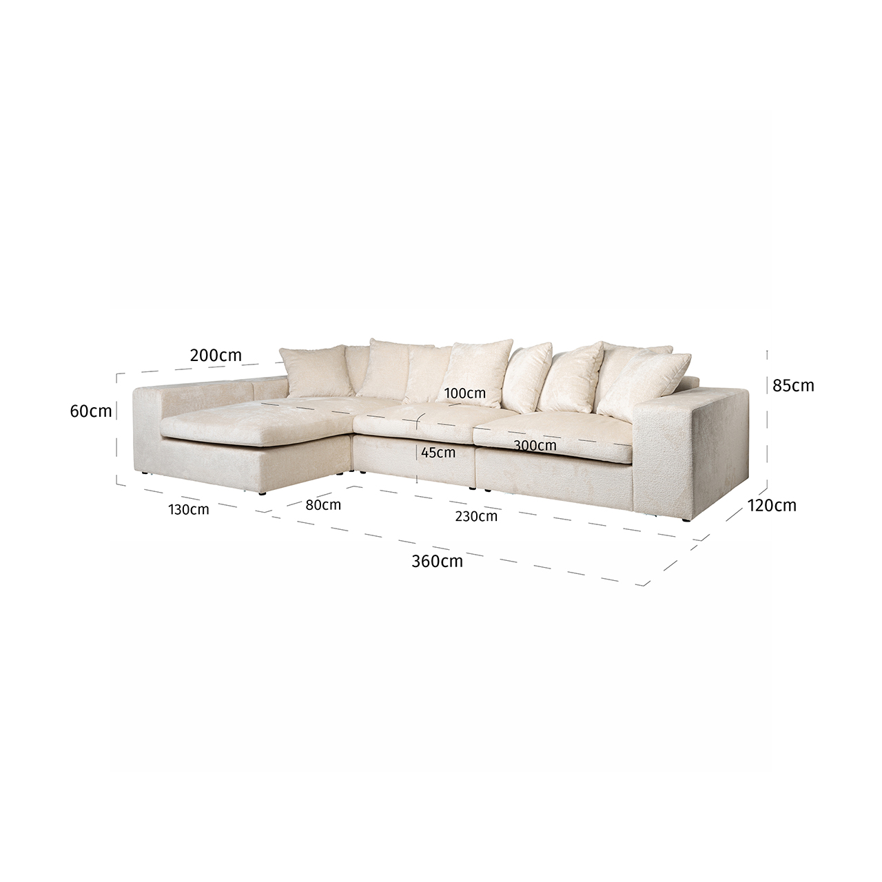Bank Alcazar 3-zits + lounge links/rechts white chenille (Bergen 900 white chenille)