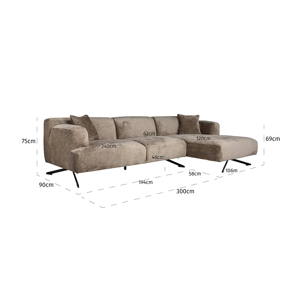 Bank Donovan 3-zits + lounge rechts (Bergen 104 taupe chenille)